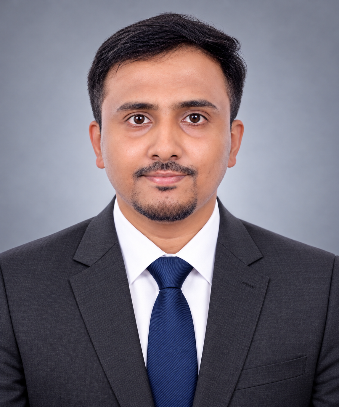 Formal portrait of Avizit Nandi in a charcoal suit and navy tie